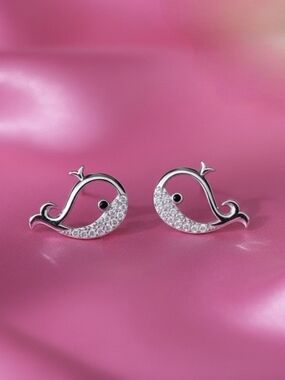 925‎ Silver Earrings - Whale Crystal Stud Earrings - Women Jewelry - NEW
